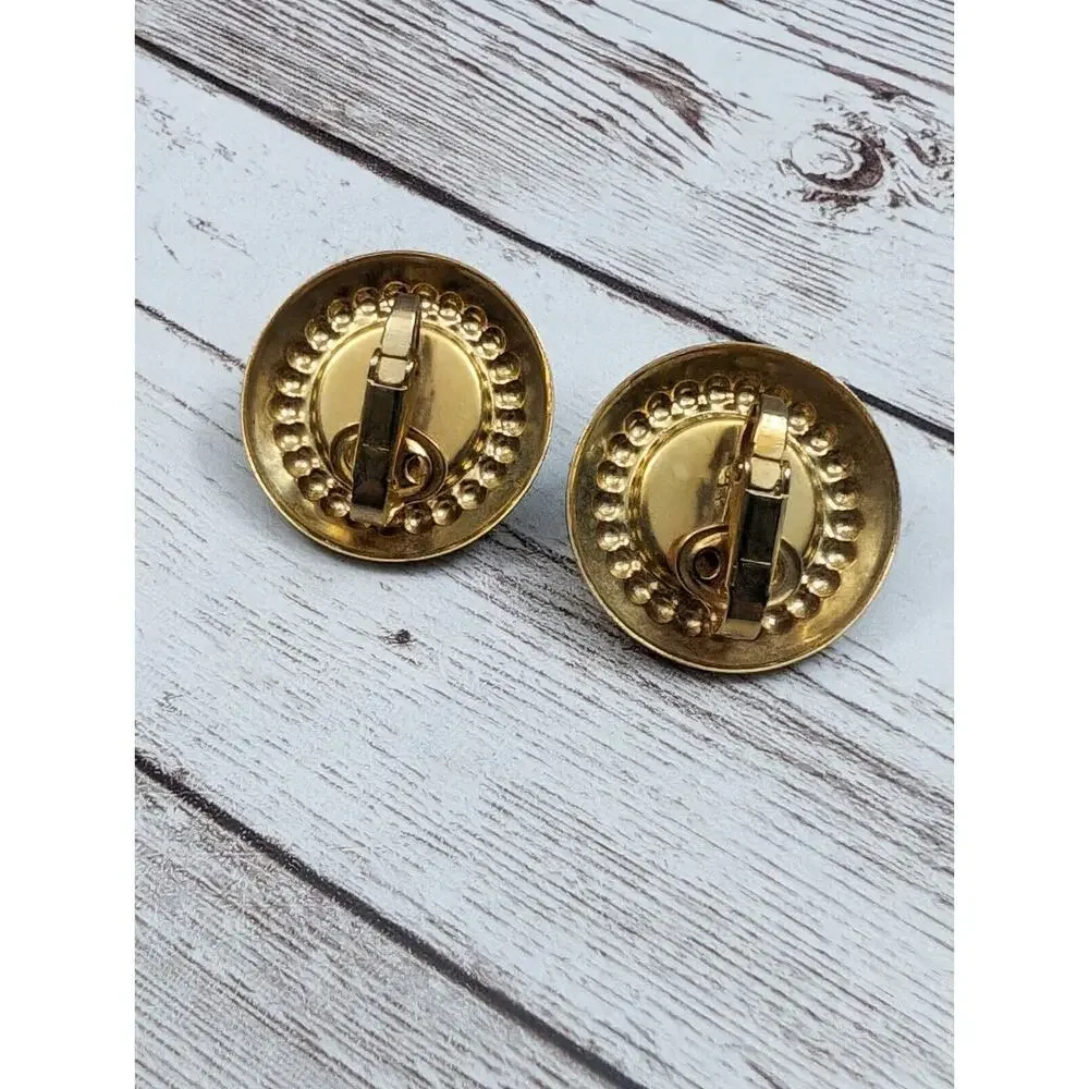 Vintage Clip On Earrings Large Black & Brassy Gold Tone Just Under 1